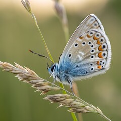 Obraz premium Common Blue butterfly resting with wings closed, underside details visible with tiny dots and textures