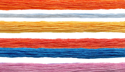 Close-up view of horizontal bands of colored threads or paper, with noticeable black lines between each band. Vivid colors
