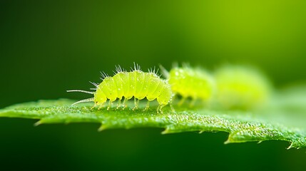 Fototapeta premium Tiny green caterpillars with spiky bodies on a vibrant green leaf