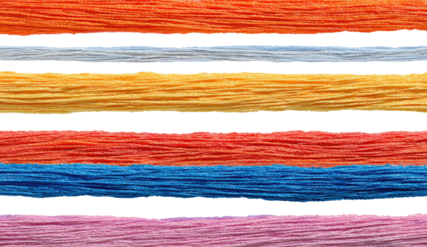 Close-up view of horizontal bands of colored threads or paper, with noticeable black lines between each band. Vivid colors