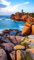 Coastal rocks and tower at sunset