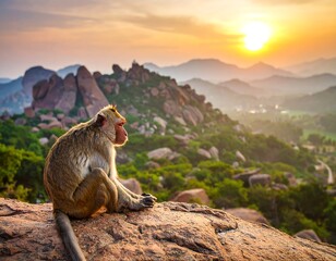 Monkey sits on a rock at sunrise over a mountain vista