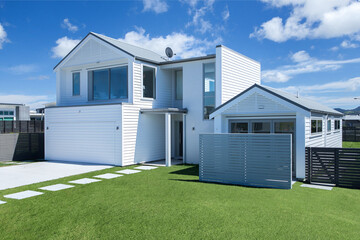 Modern luxury villa exterior in minimal scandinavian style, 3d render