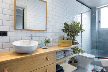 Modern bathroom interior in minimal scandinavian style, 3d render