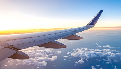 Obraz premium Airplane wing over clouds at sunset