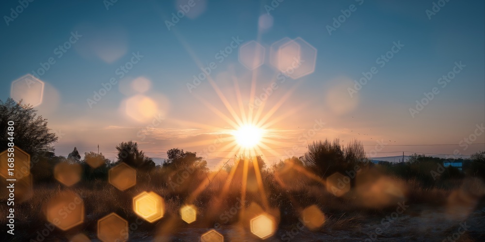 Poster sunset through trees with lens flare and hexagonal light patterns