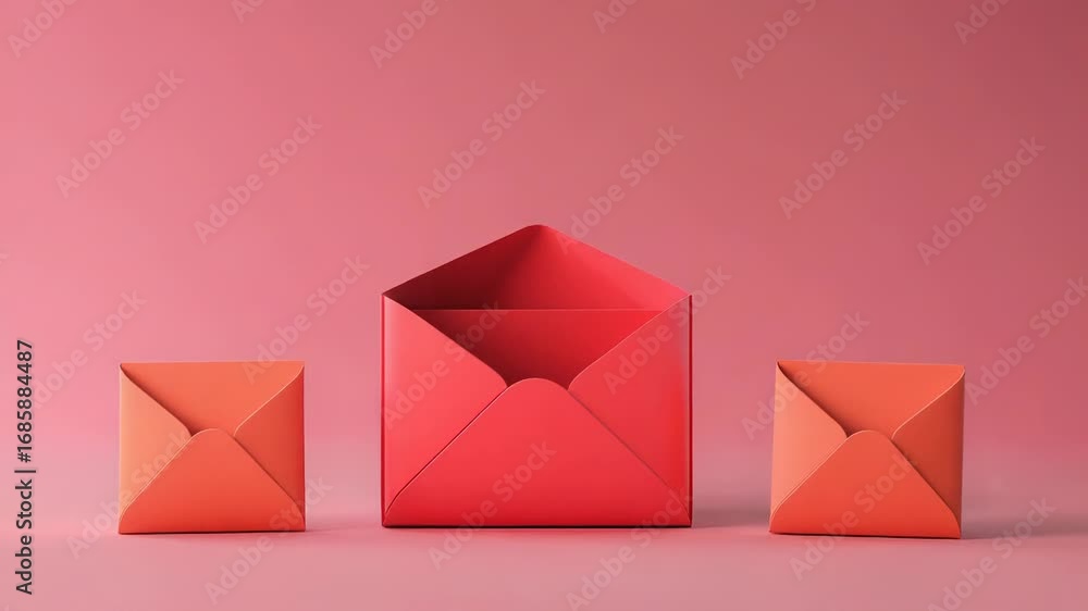 Poster newsletter coming out from open red envelope with two small envelopes floating around on pink backgr