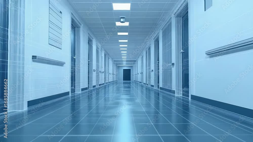 Poster empty hospital corridor with wireframe effect showing building structure