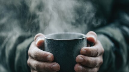 Steaming mug held warmly in weathered hands, blurred background