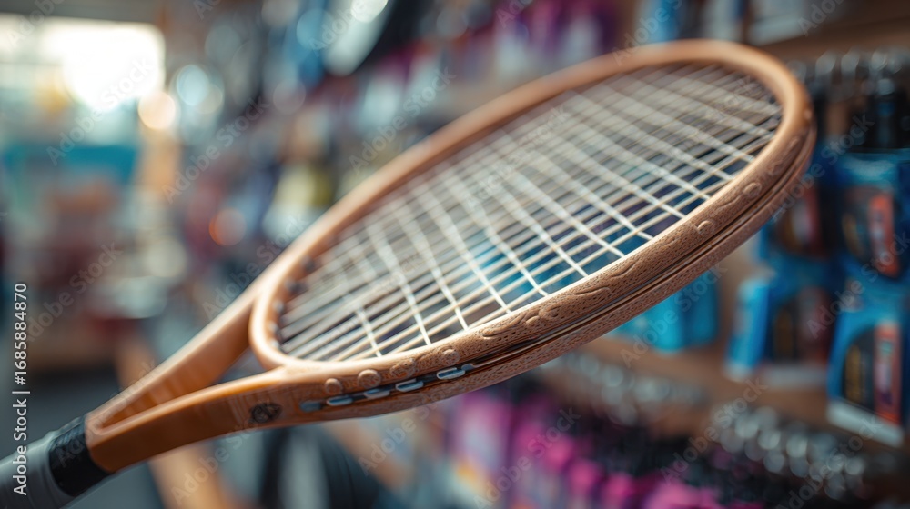 Poster medium shot of a tennis racket frame with wooden texture in sharp focus blurred background showing a