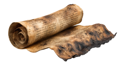 A burnt scroll with visible text, isolated on transparent background