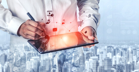 Omnichannel marketing journey showing interaction across media, email, messaging, mobile,...