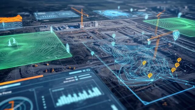 Satellite imagery and geospatial mapping tools used to monitor largescale construction sites for terrain analysis and environmental impact assessments.