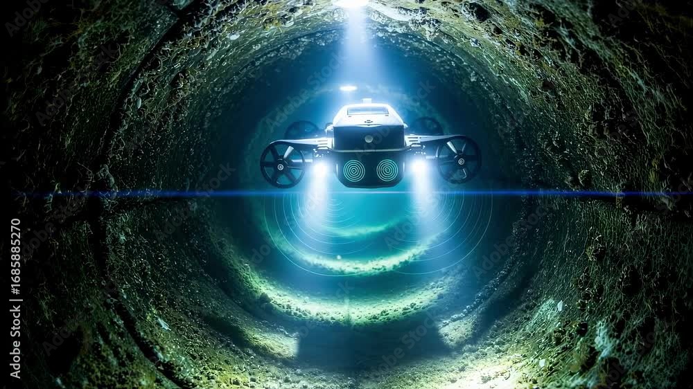 Poster drone equipped with sonar sensors inspecting submerged confined spaces like underwater tunnels ensur