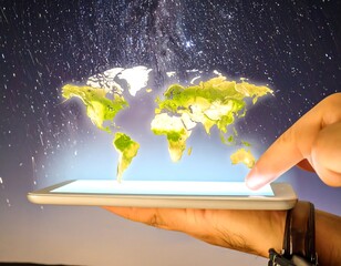 Hand holding tablet with world map projection