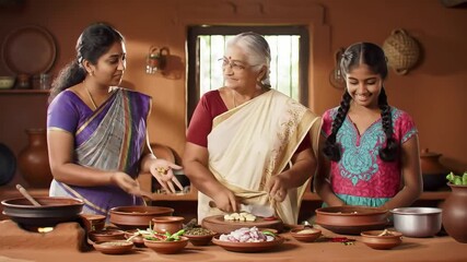 Three Generations Cooking Traditional Indian Food. - Powered by Adobe