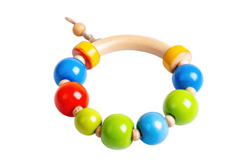 Colorful wooden toy teether home product photography bright top view