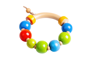 Colorful wooden toy teether home product photography bright top view