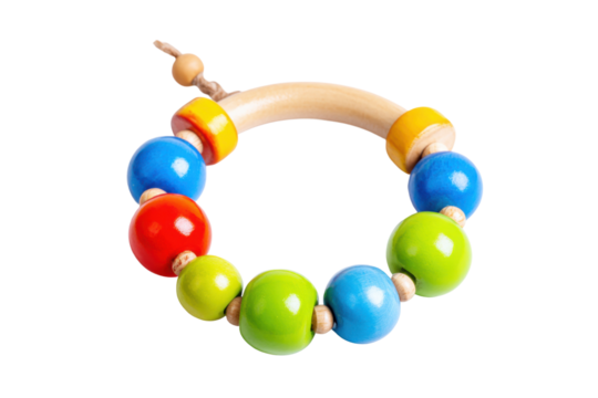 Colorful wooden toy teether home product photography bright top view
