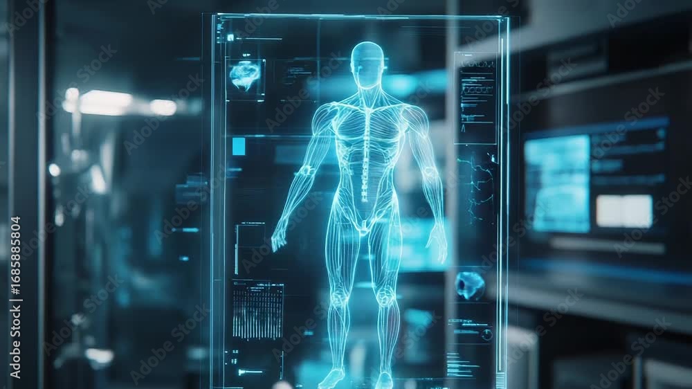 Poster futuristic interface displaying human body wireframe model with medical data analysis in laboratory 