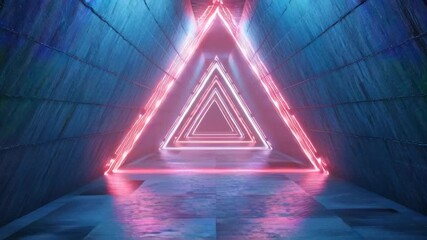 Abstract neon tunnel with multiple glowing triangles and reflective surfaces, futuristic digital animation perfect for music events, NFT projects and sci-fi branding, 4K, motion. - Powered by Adobe
