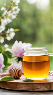 Timelapse of fresh herbal tea with blossoms and honey in a garden setting