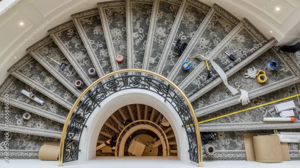 Poster overhead drone view of a spiral staircase being fitted with a luxurious carpet runner in waterfall s