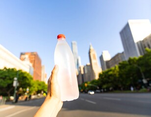 Hand holding water bottle in city