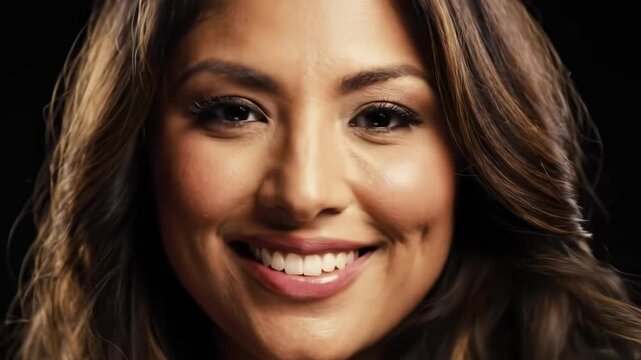 Smiling woman, closeup portrait, dark background, advertising