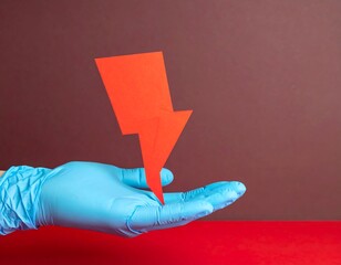 Hand in blue glove holding a red lightning bolt