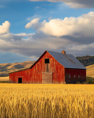 Obraz premium Rustic Red Barn in Scenic Countryside Landscape with Blue Sky and Wheat Field