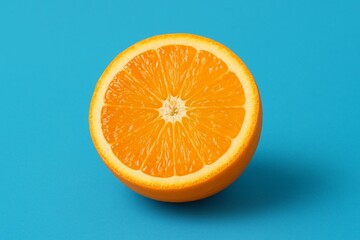 Fresh orange slice cut in half on bright blue background