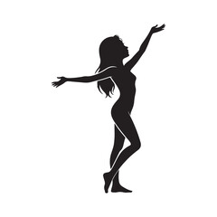 Obraz premium Silhouette of a woman stretching or dancing with long flowing hair on white background for wellness and beauty projects