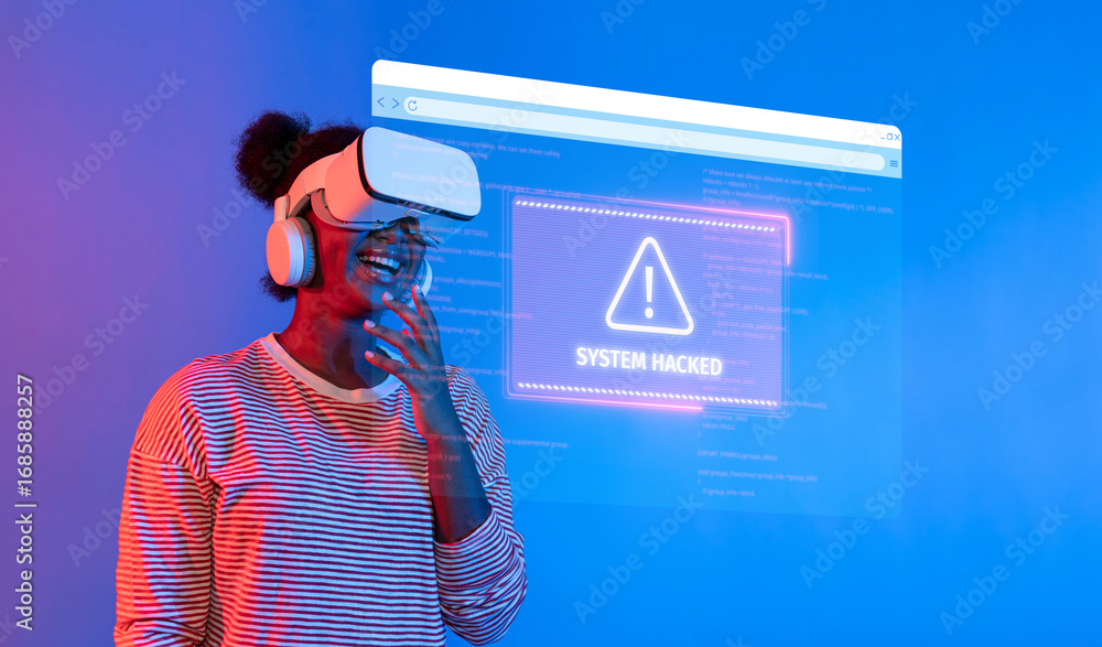 Poster explore the intersection of technology and cybersecurity as a user engages with a virtual environmen