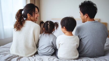 Japanese family enjoying intimate moment together on bed