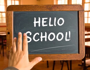 Hand pointing at a vintage chalkboard with the message "Hello School!
