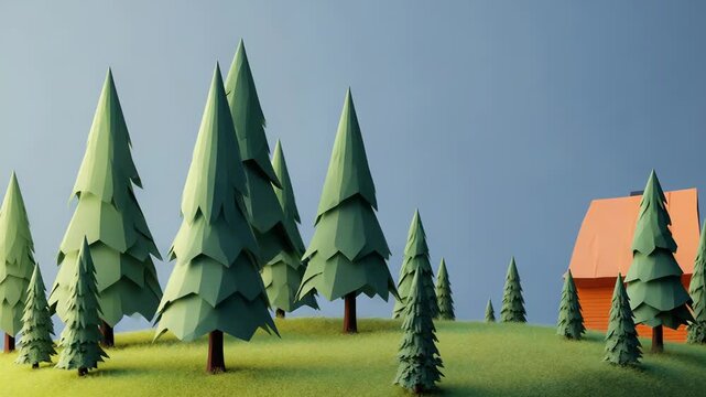 Cozy wooden cabin nestled in a low poly forest