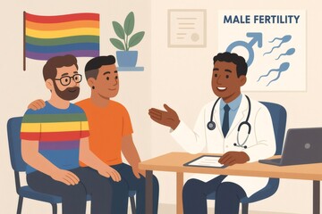 Doctor explaining male fertility treatment to a gay couple during a consultation in a medical office, with a rainbow flag symbolizing LGBTQ plus inclusivity