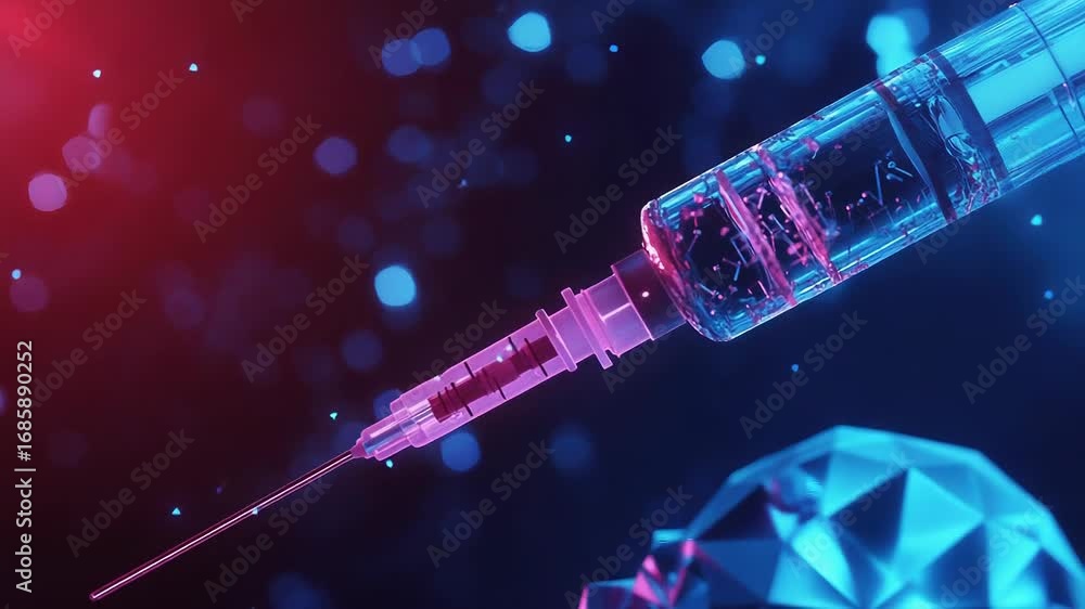 Poster syringe injecting liquid on neon background with bokeh effect