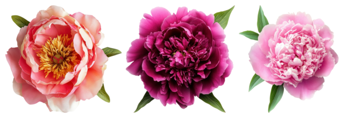 PNG Three vibrant peony flowers in pink and purple hues element set on transparent background.