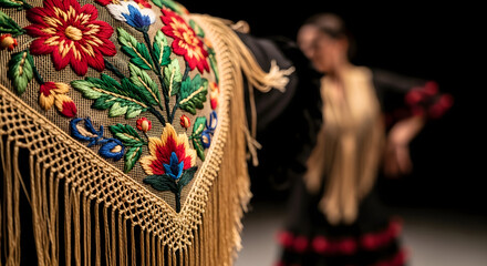 Close-up of an embroidered shawl with fringe, showcasing vibrant floral patterns, with a dancer in motion blurred in the background