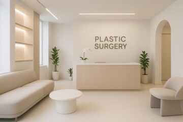 Empty waiting room of a contemporary aesthetic surgery clinic featuring minimalist furniture and decor