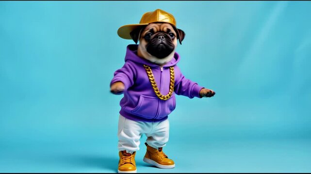 Playful pug dog dressed in vibrant streetwear performs a lively dance sequence against a bright blue backdrop, showcasing energetic movements and joyful expression