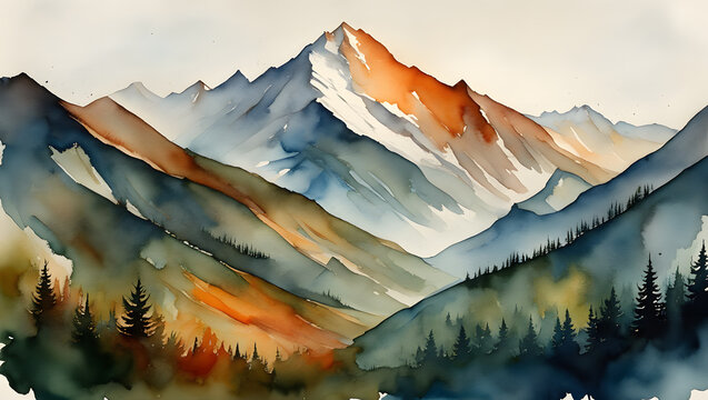 Watercolor mountain landscape painting with forest and trees in the valley scenery art