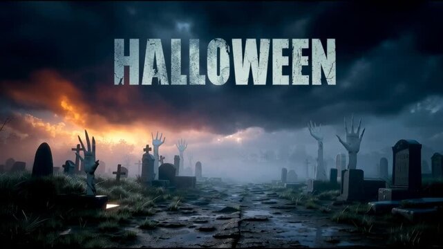 A graveyard soaked in despair groans under clawing undead. Decay stains the air as fog suffocates visibility, and &ldquo;HALLOWEEN&rdquo; charater.