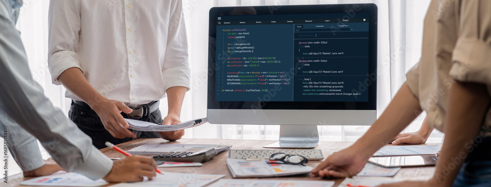 Poster software development programming on computer screen for brisk application and program coding