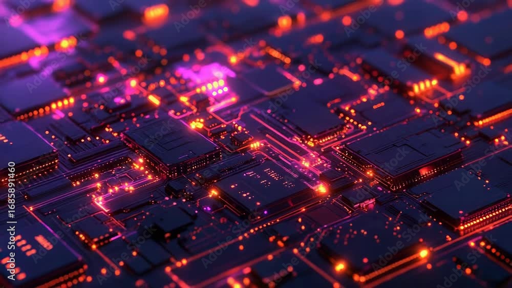 Poster futuristic circuit board pulsating with neon light