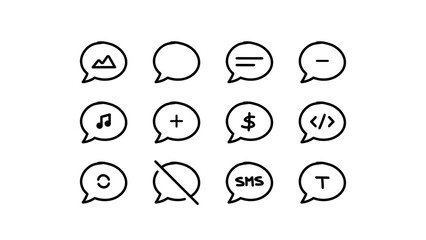 Set of speech bubbles, communication and multimedia icons in a doodle style. Includes image, music,...