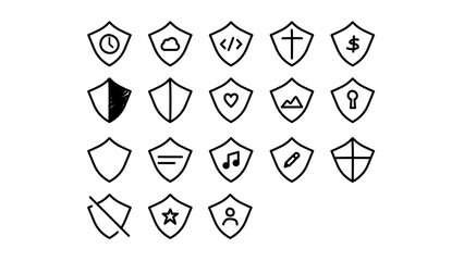 Set of shield icons in doodle hand drawing style. Collection of sketched symbols for security,...