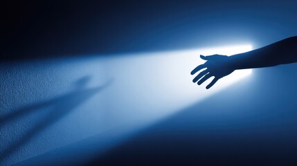 Hand reaches from dark wall into a bright, rectangular doorway of light